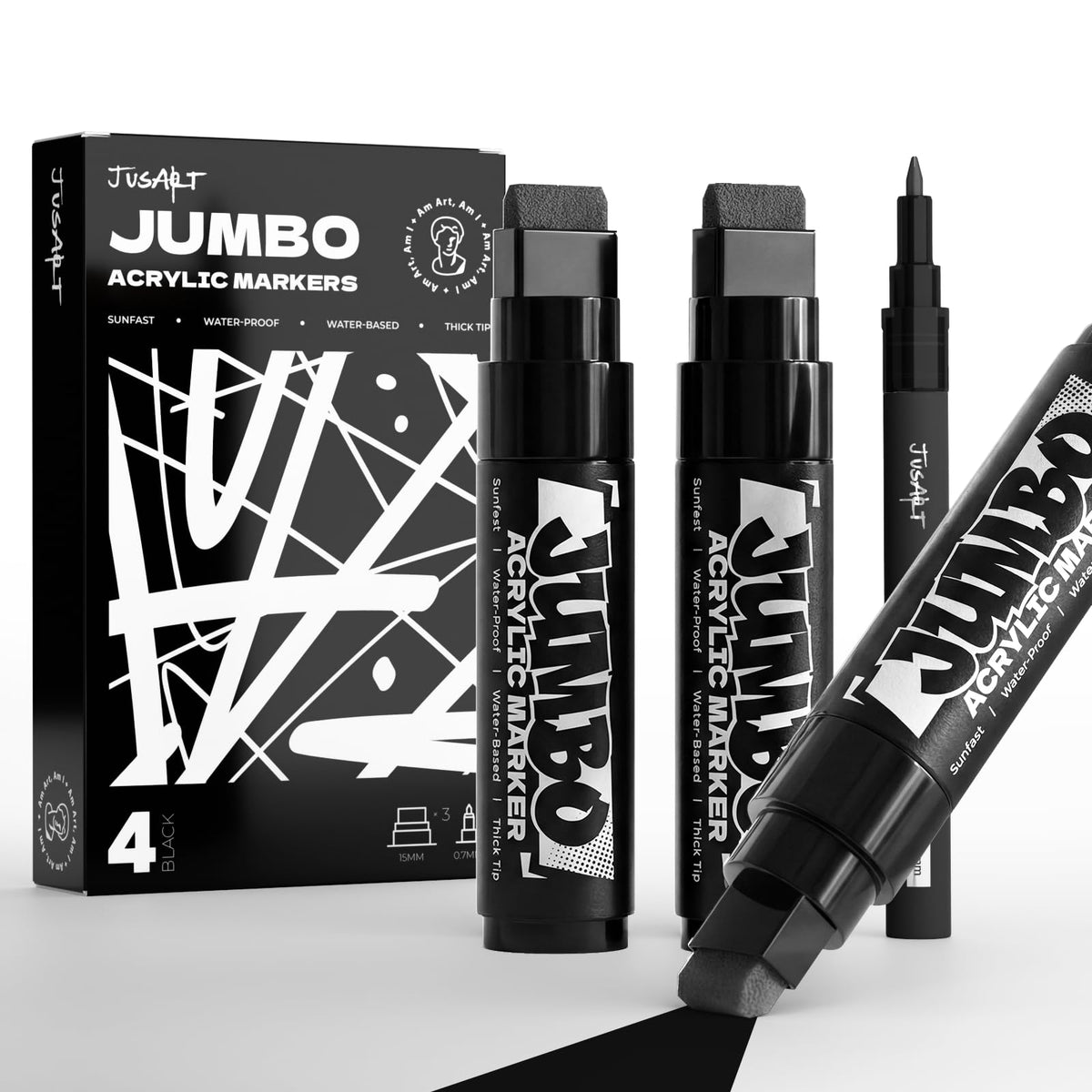 Paquete de 4 marcadores acrílicos jumbo negros: puntas de 15 mm y 0.7 mm