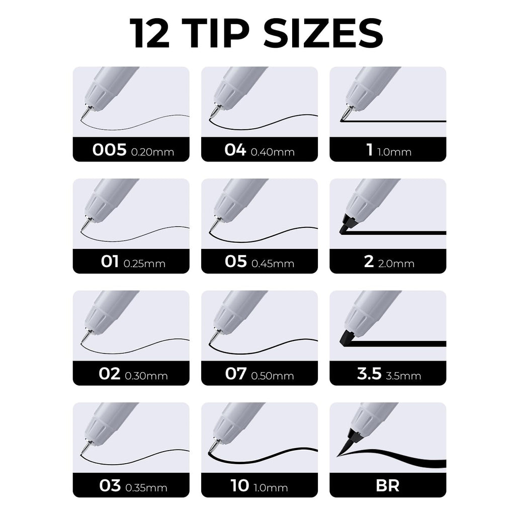 JusArt Fineliner Pens, Ultra Fine, Fine, Brush & Chisel, 12 Size, Waterproof Black Pigment Pen for Artists, Crafters, Illustration, Sketching, Writing, Journaling, Bible Note, Technical Drawing pens