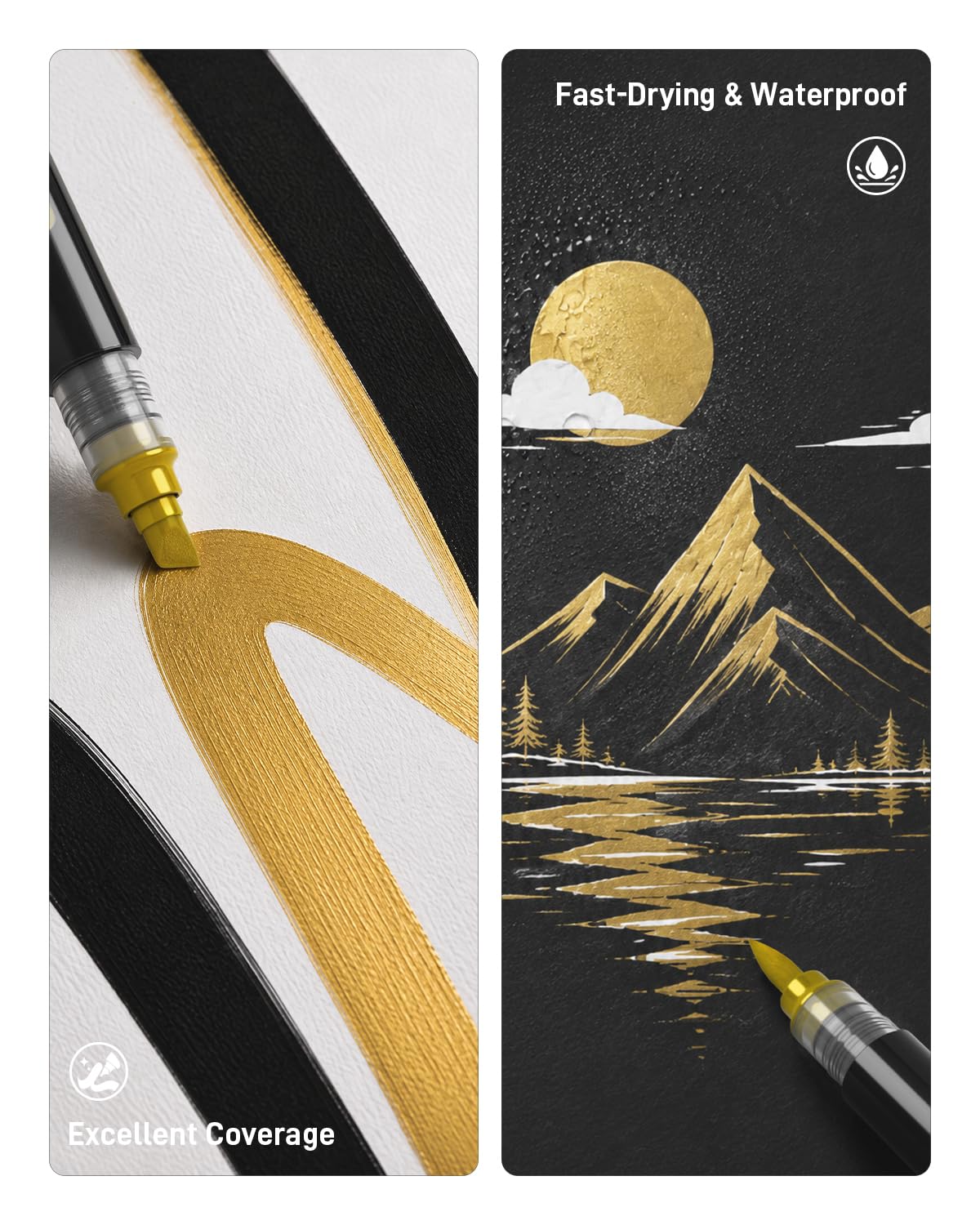 3 Gold Dual-Tip Acrylic Paint Markers, Automatic Ink Control,Gold Paint Pen for Wood, Glass, Fabric, Rock Painting, Coloring Books, DIY Crafts for Adults