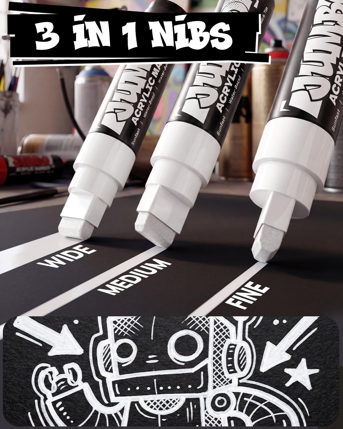 Paquete de 4 marcadores acrílicos jumbo blancos – puntas de 15 mm y 0.7 mm