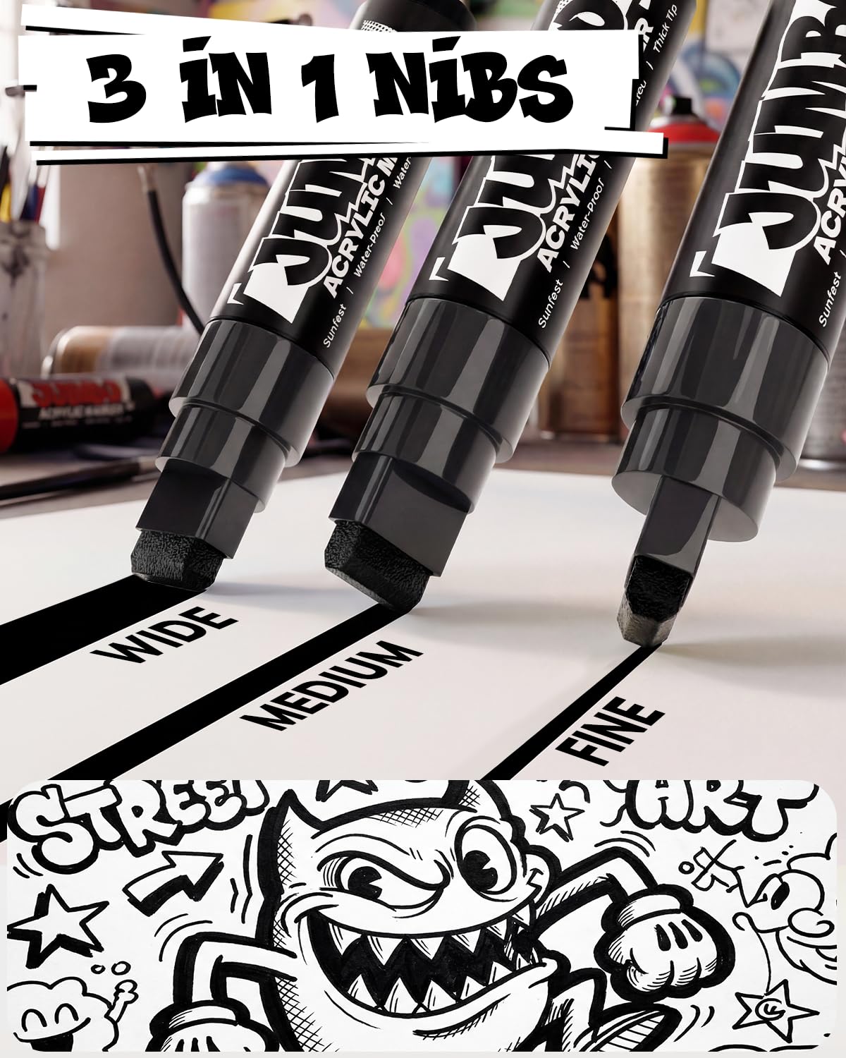 Paquete de 4 marcadores acrílicos jumbo negros: puntas de 15 mm y 0.7 mm