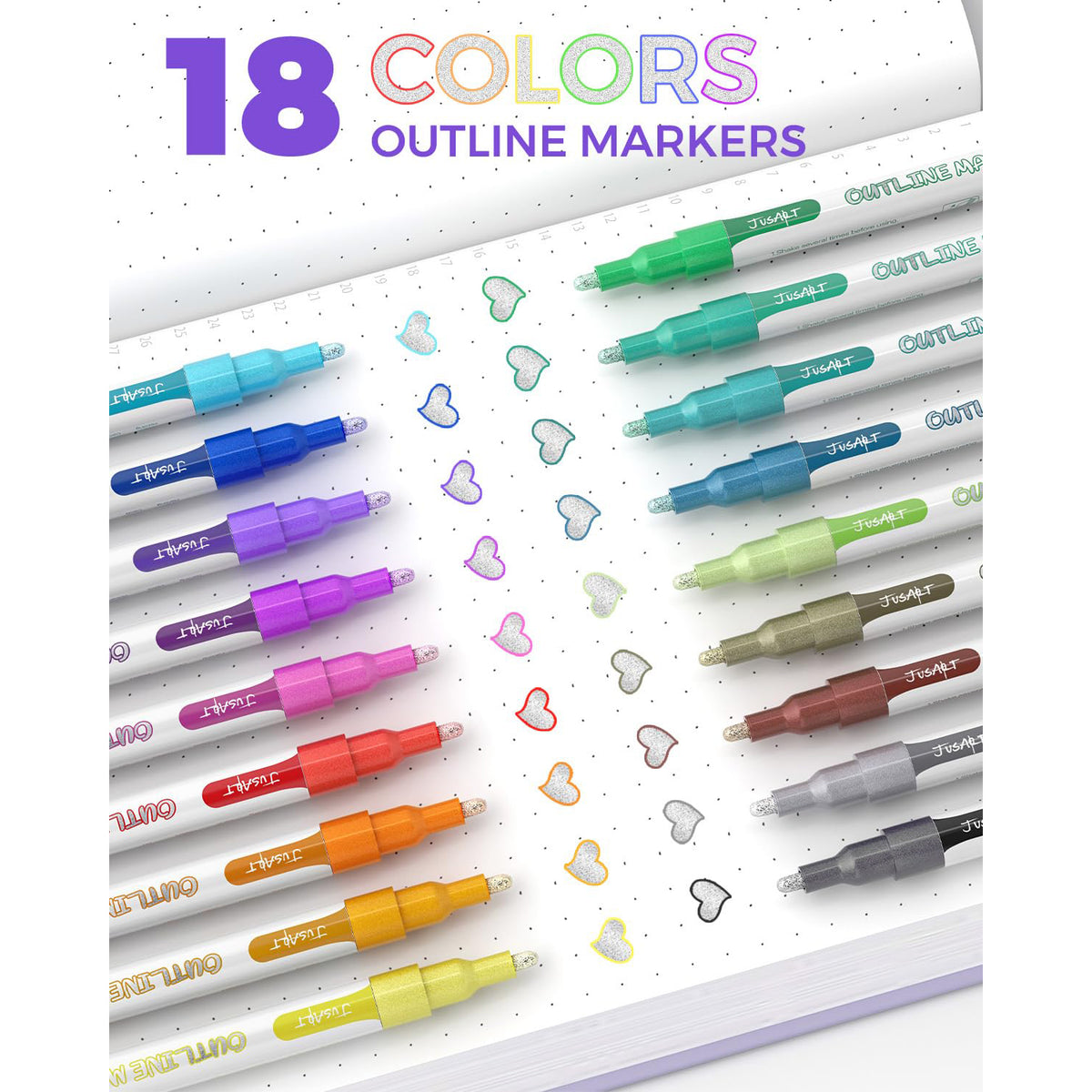 JusArt Outline Sparkle Markers, Glitter Markers,18 Metallic Shimmer Pens for Adult Coloring, Cool Fun Drawing Supplies for Christmas, Easter, Halloween