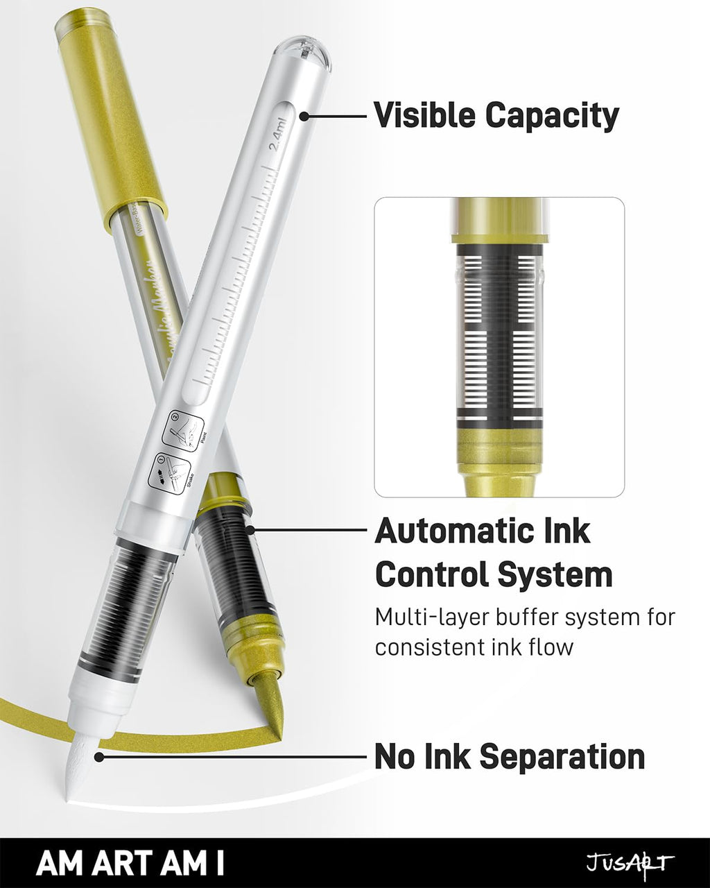 3 Gold Acrylic Paint Markers Brush Tip, Automatic Ink Control,Water-Based Metallic Markers, Waterproof Acrylic Pens for DIY Art & Crafts -Fabric, Wood, Rock, Plastic