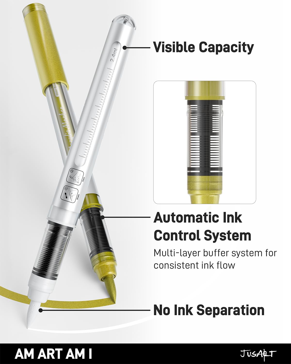 3 Gold Acrylic Paint Markers Brush Tip, Automatic Ink Control,Water-Based Metallic Markers, Waterproof Acrylic Pens for DIY Art & Crafts -Fabric, Wood, Rock, Plastic