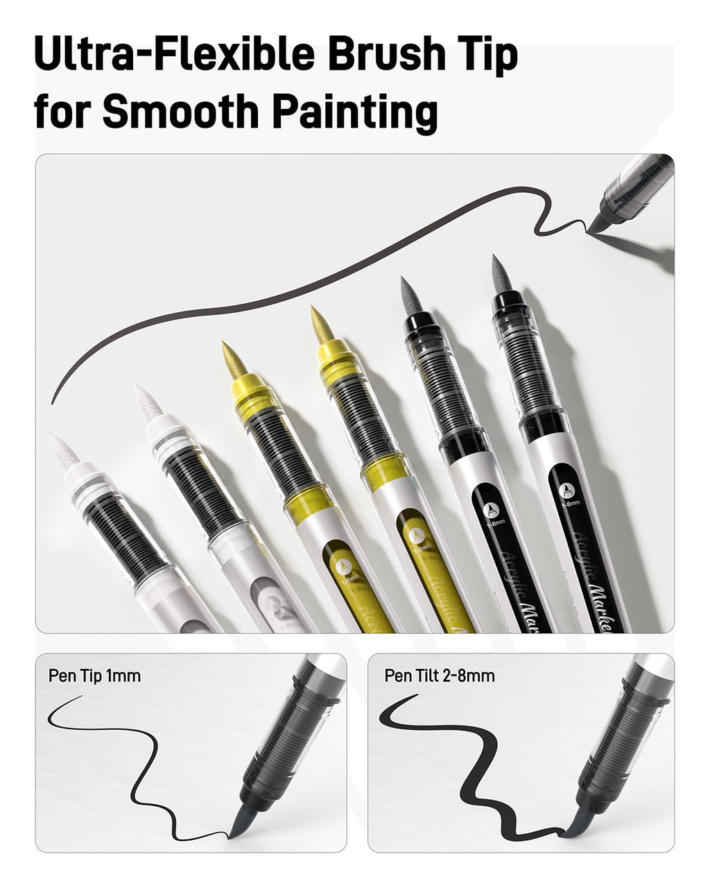 6 Pack Black & White & Gold Paint Pen Brush Tip, Water-Based Marker, Automatic Ink Control No-Bleed Acrylic Markers, Drawing Arts & Crafts, Works on Canvas, Wood, Glass, Rock