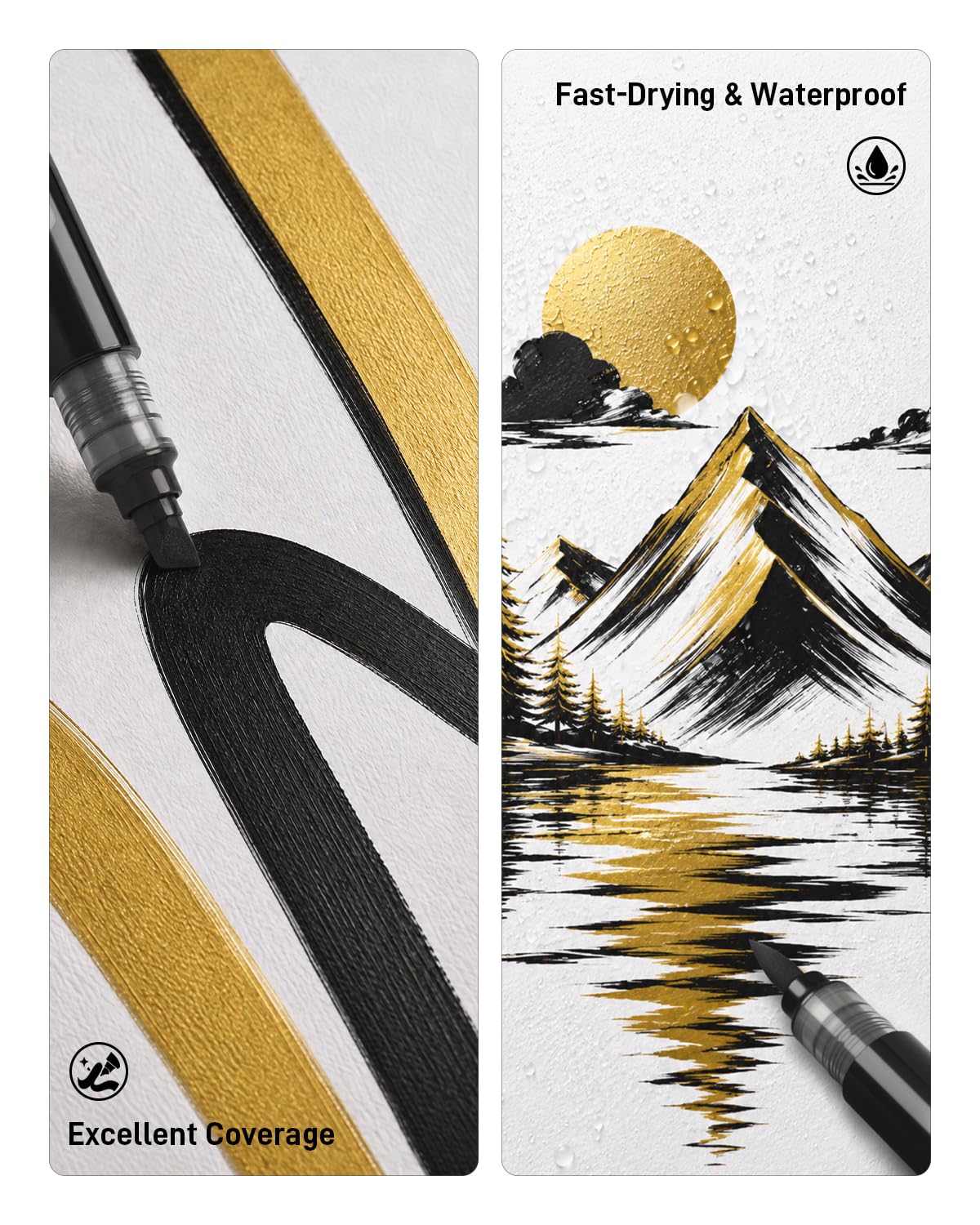 6 Black & White & Gold Acrylic Paint Markers, Dual Tip Markers, Automatic Ink Control, Waterproof Paint Pen for Rock, Wood, Glass, Fabric, Canvas, DIY Crafts