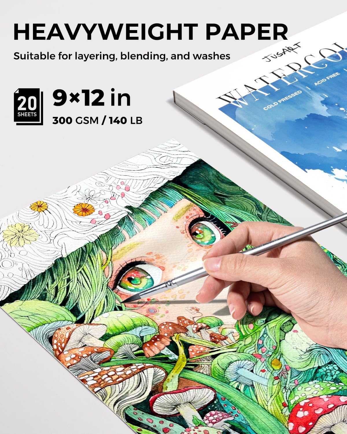 JusArt Watercolor Paper Pad 9"x12", 300gsm/140lb, Cold Press Water Color Paper, Acid-Free, for Wet & Dry Media, Watercolor, Gouache & Sketching, 20 Sheets, Perfect for Artists