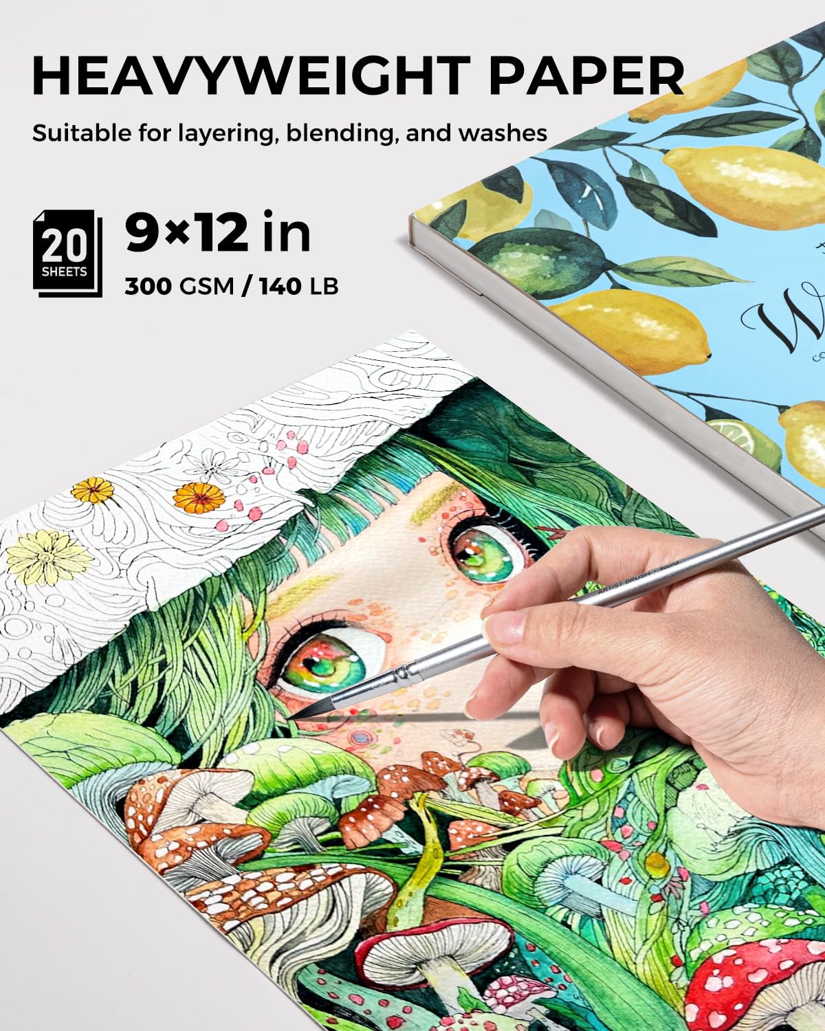Bloc de acuarela prensado en frío – 9 × 12 pulg, 300 GSM, 20 hojas