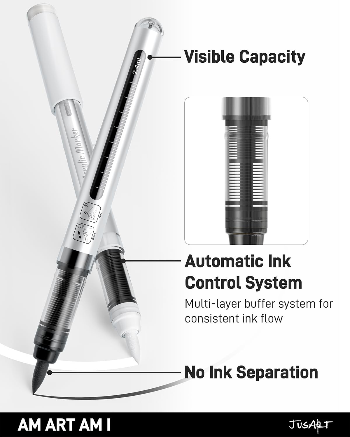 3 White Acrylic Paint Markers Brush Tip, Automatic Ink Control,Water-Based White Paint Pen,Waterproof Acrylic Pens for DIY Art & Crafts -Fabric, Wood, Rock, Plastic