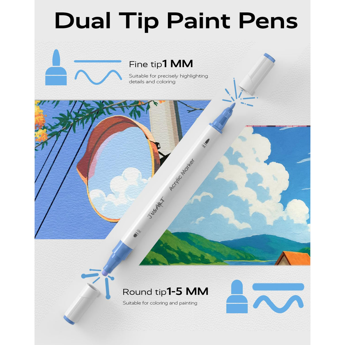 JusArt 36 Colors Dual Tip Acrylic Paint Pens Markers, Premium Water-Based Acrylic Paint Markers for Fabric, Rock, Wood, Glass, Eggs, Canvas, Ceramic, Easter Basket Stuffers DIY Crafts Drawing Markers