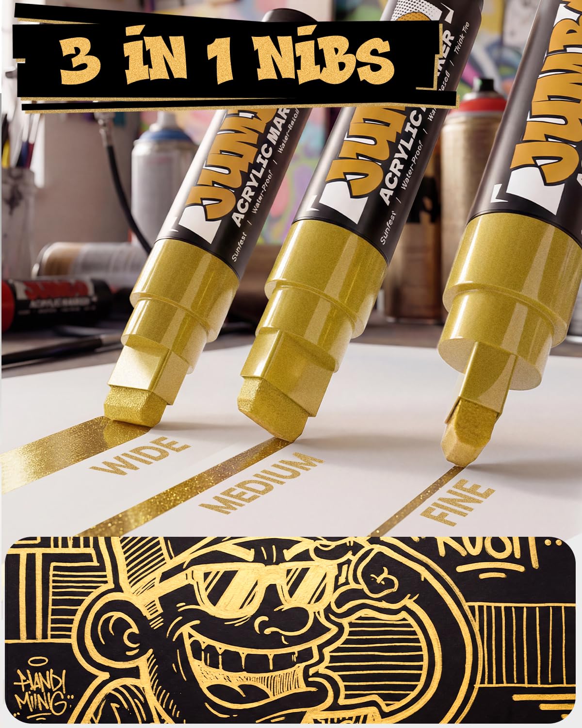 Paquete de 4 marcadores acrílicos dorados jumbo – Puntas de 15 mm y 0.7 mm