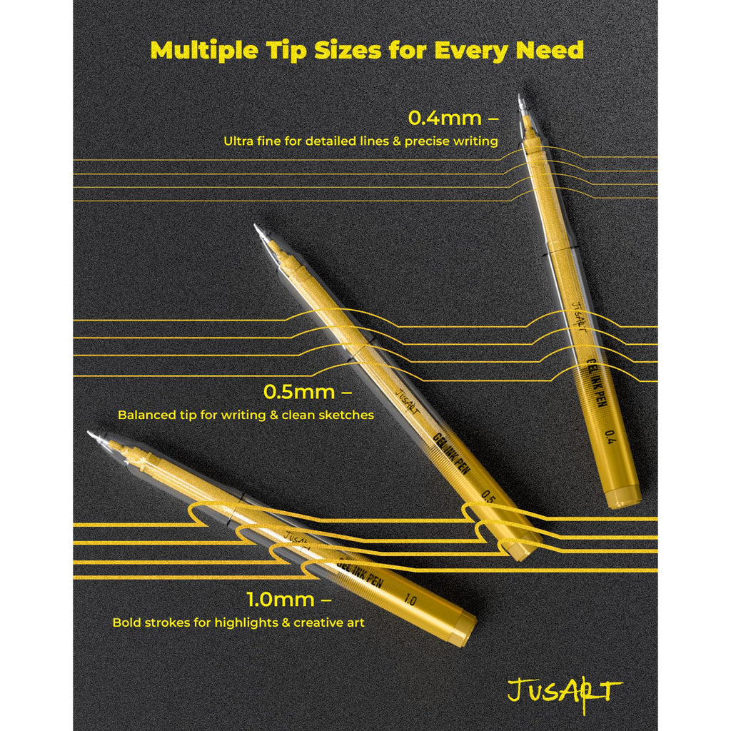JusArt Gold Pens with 0.4mm, 0.5mm & 1.0mm Assorted Tips, Opaque Ink Gel Pens for Black Paper, Drawing, Journaling & DIY Crafts, Ideal Drawing Pens for Artists & Art Supplies, 3 Pack
