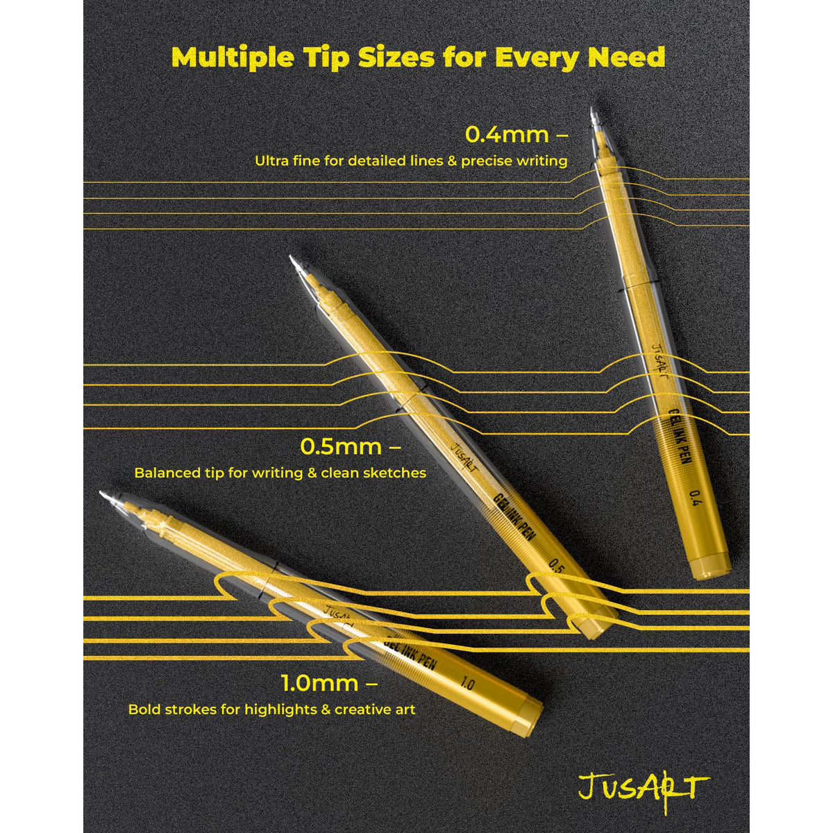 JusArt Gold Pens with 0.4mm, 0.5mm & 1.0mm Assorted Tips, Opaque Ink Gel Pens for Black Paper, Drawing, Journaling & DIY Crafts, Ideal Drawing Pens for Artists & Art Supplies, 3 Pack