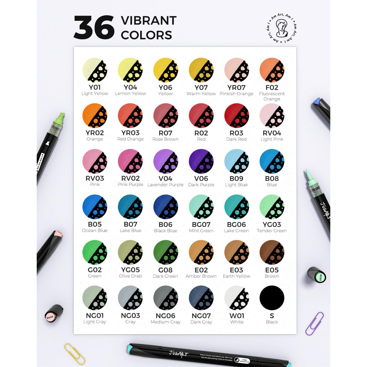 JusArt Automatic Ink Control Acrylic Paint Markers,36 Colors Dual Tip with Broad Tip and Brush Tip Pens for Ceramic, Wood, Canvas, Glass, Stone, Fabric, Rock Painting, DIY Crafts Art Supplies Kit