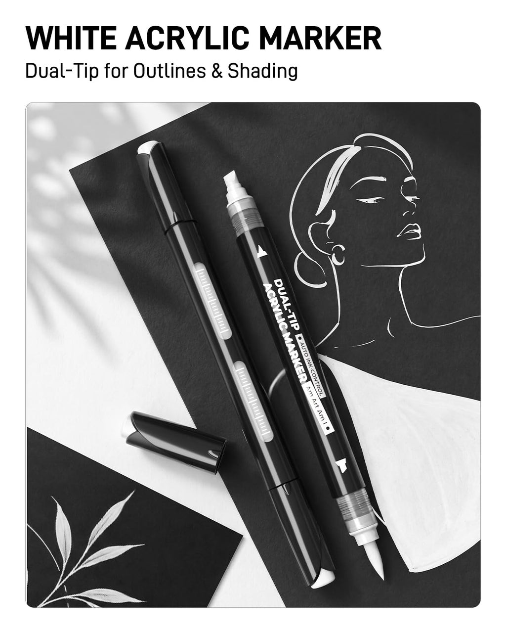 6 Black & White & Gold Acrylic Paint Markers, Dual Tip Markers, Automatic Ink Control, Waterproof Paint Pen for Rock, Wood, Glass, Fabric, Canvas, DIY Crafts