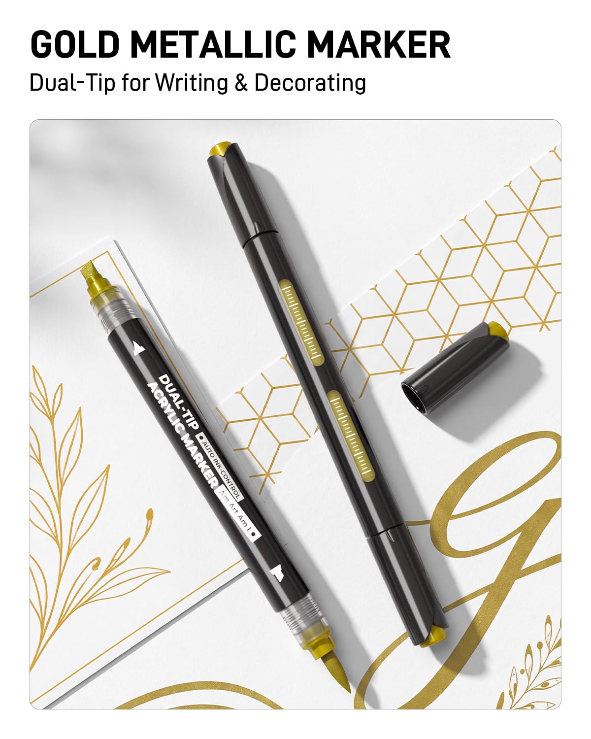 6 White & Gold Acrylic Paint Markers, Dual Tip Markers for Drawing, Automatic Ink Control, Waterproof Paint Pen for Rock, Wood, Glass, Fabric, Canvas, DIY Crafts