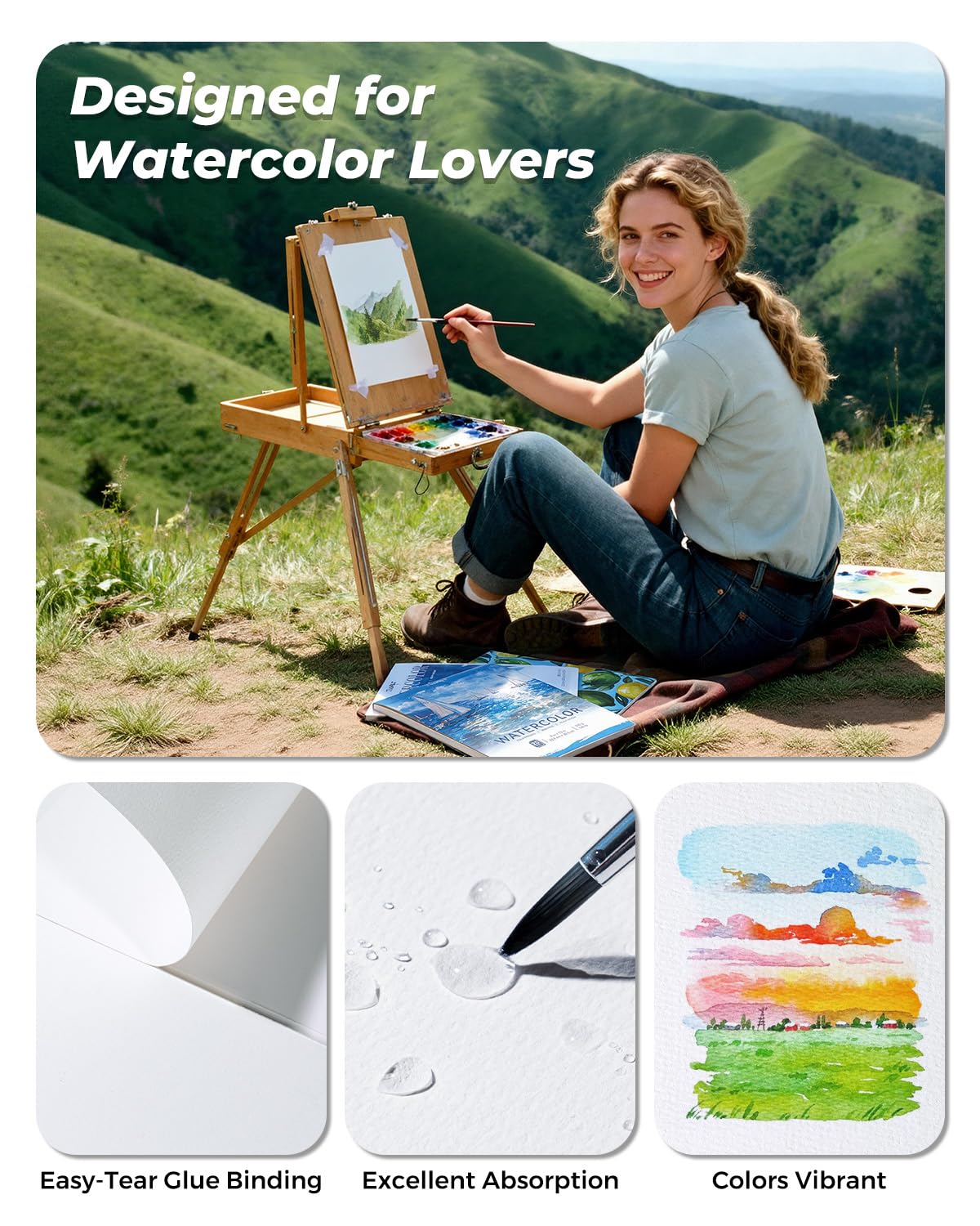 JusArt Watercolor Paper Pad 9"x12", 300gsm/140lb, Cold Press Water Color Paper, Acid-Free, for Wet & Dry Media, Watercolor, Gouache & Sketching, 20 Sheets, Perfect for Artists