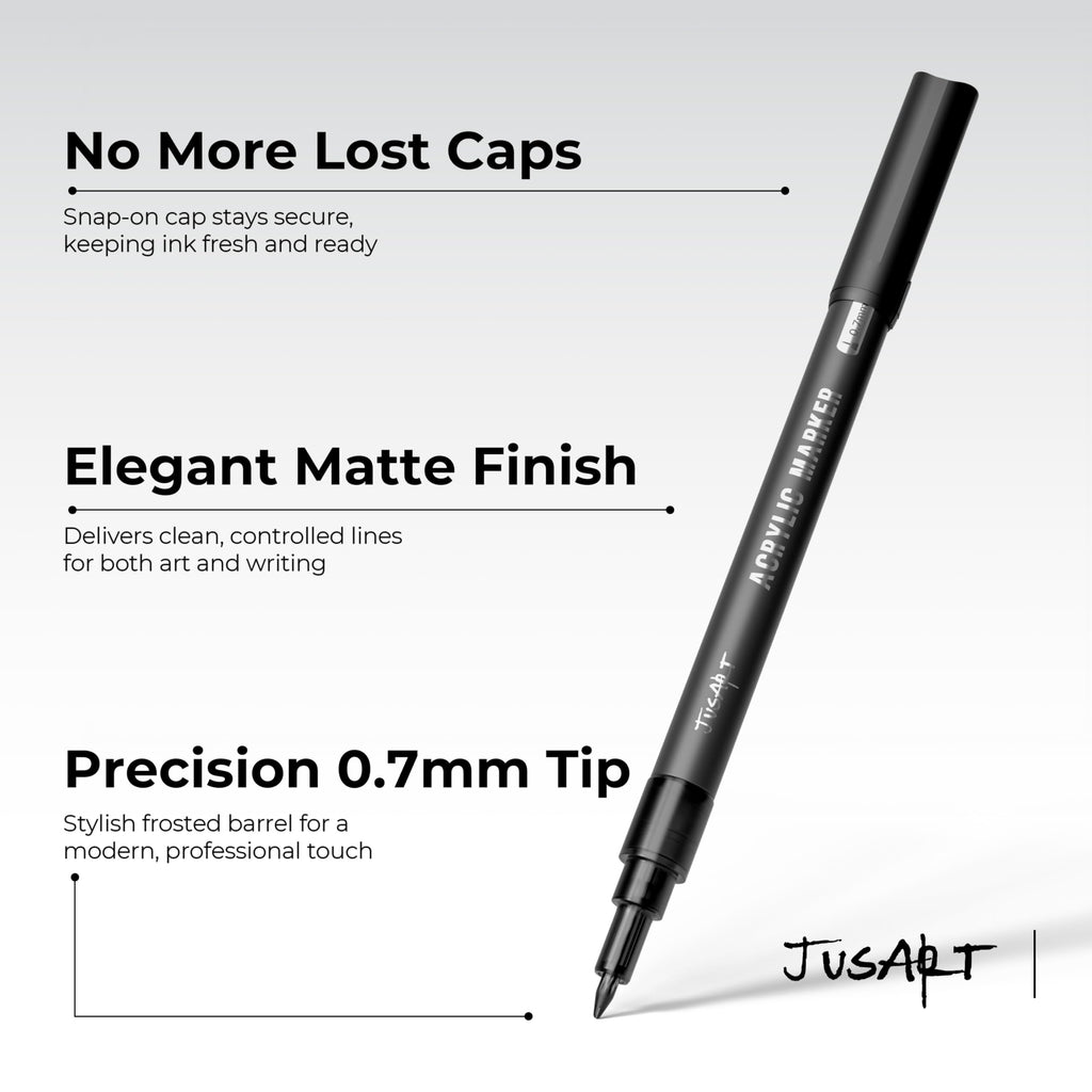 JusArt 6 Pack Black Acrylic Paint Markers, 0.7mm Fine Point Acrylic Paint Pens for Rock Painting, Art Projects, Ceramic, Glass, Wood, Metal, Fabric, DIY Crafts, Ideal Black Paint Pen for Art Supplies