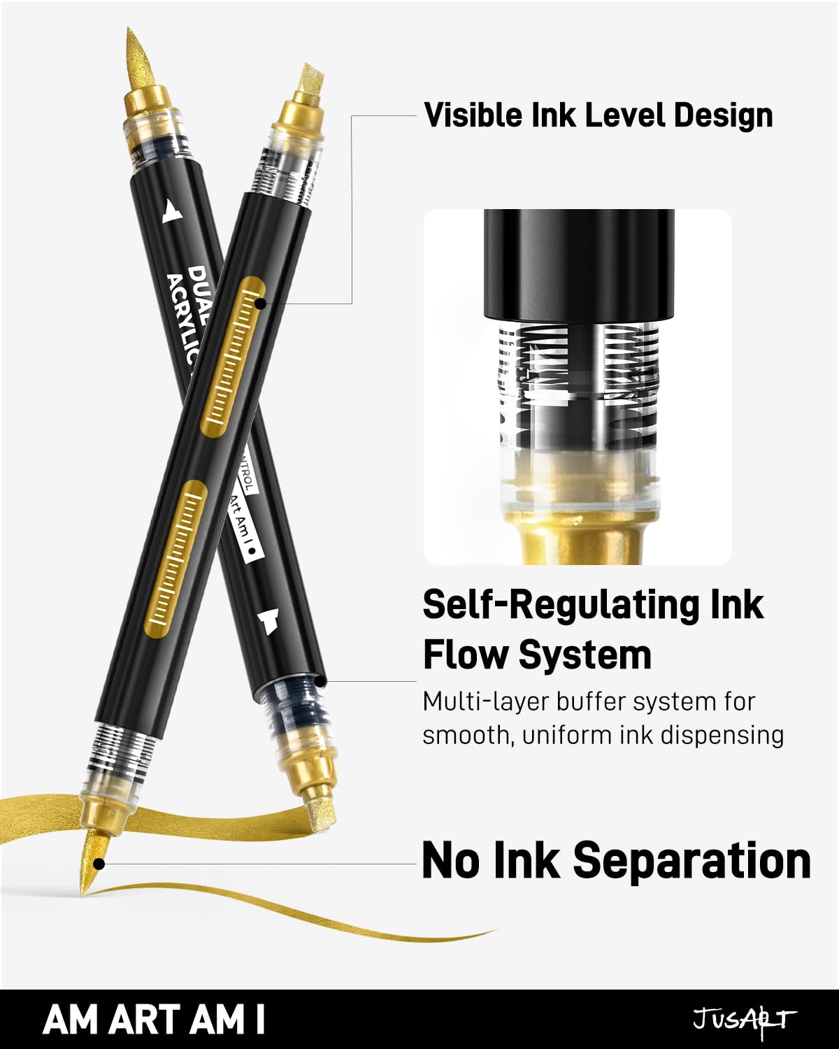 3 Gold Dual-Tip Acrylic Paint Markers, Automatic Ink Control,Gold Paint Pen for Wood, Glass, Fabric, Rock Painting, Coloring Books, DIY Crafts for Adults