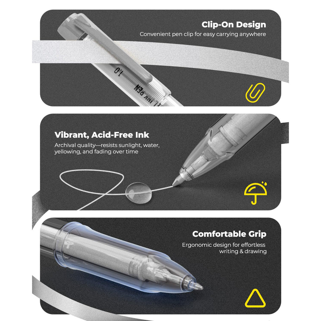 JusArt Silver Pens with 0.4mm, 0.5mm & 1.0mm Assorted Tips, Opaque Ink Gel Pens for Black Paper, Drawing, Journaling & DIY Crafts, Ideal Drawing Pens for Artists & Art Supplies, 3 Pack