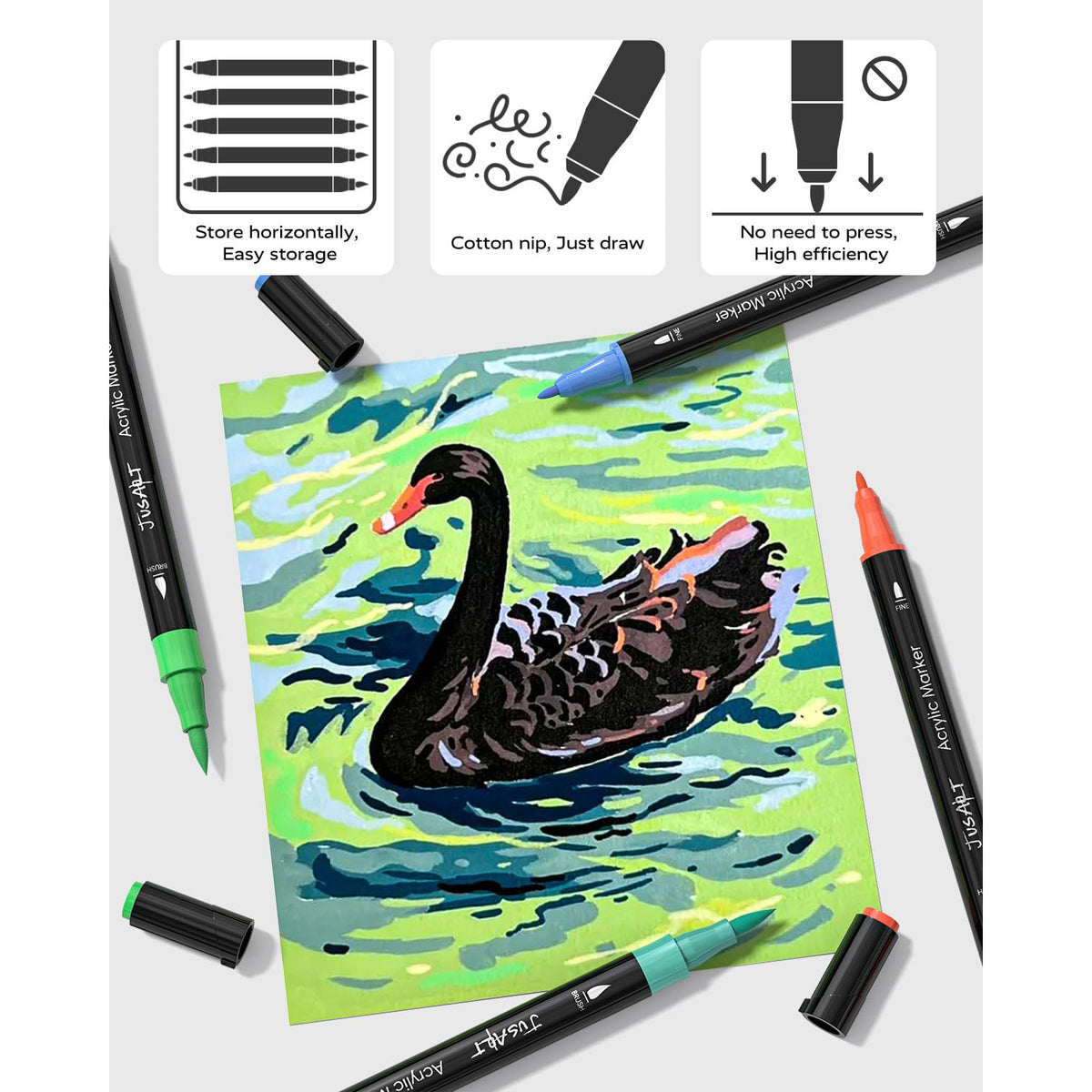 JusArt 48 Colors Dual Tip Acrylic Paint Pens Markers, Brush and Fine Tip, Premium Paint Pens for Wood, Canvas, Egg, Stone, Fabric, Rocks, Metal, Glass, Ceramic, DIY Crafts Making Art Supplies Gifts