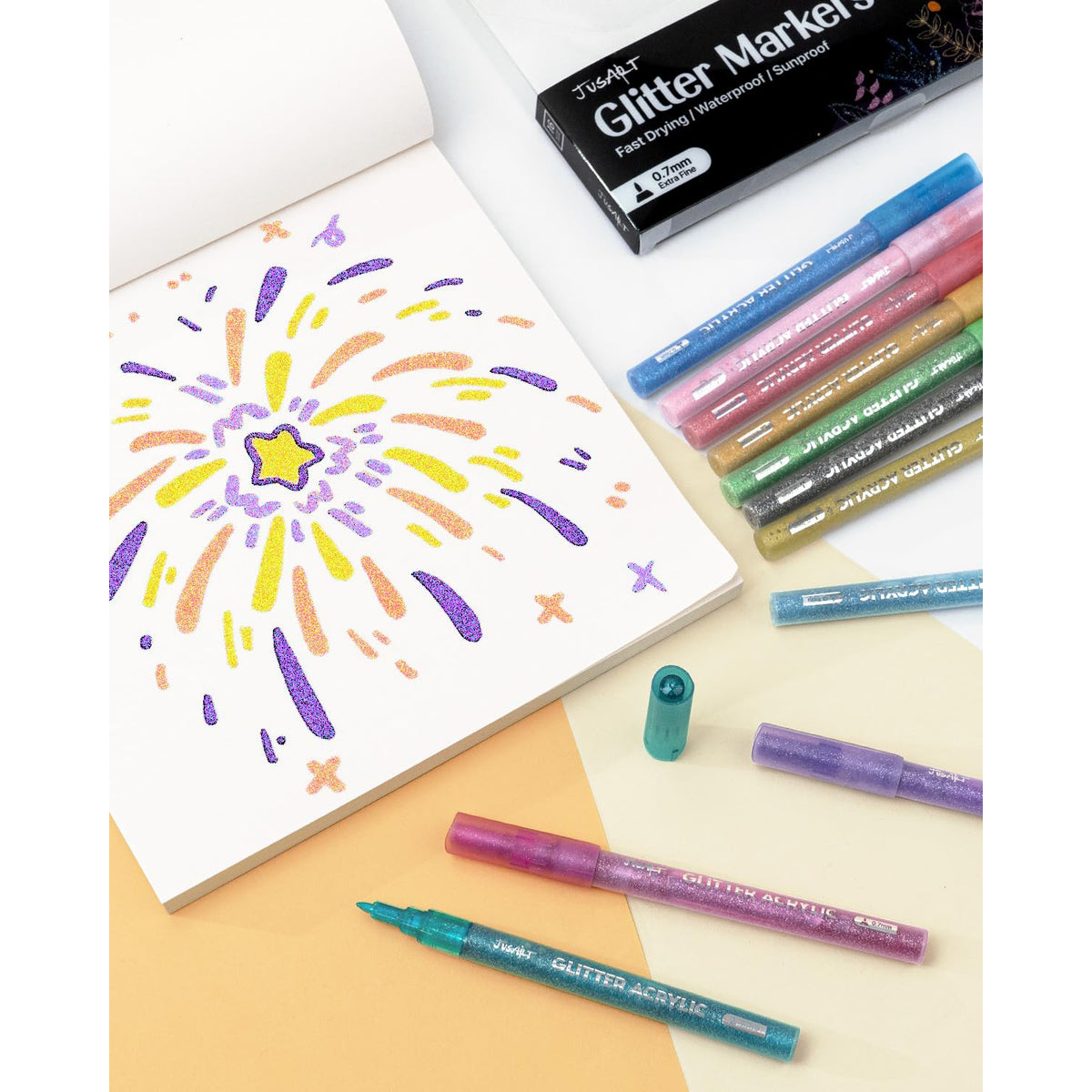 JusArt 24 Colors Glitter Markers, 0.7mm Extra Fine Tip Acrylic Glitter Pens, Metallic Shimmer Marker for Adults DIY Crafts Making, Drawing, Scrapbooking Supplies, Rock, Wood,Fabric