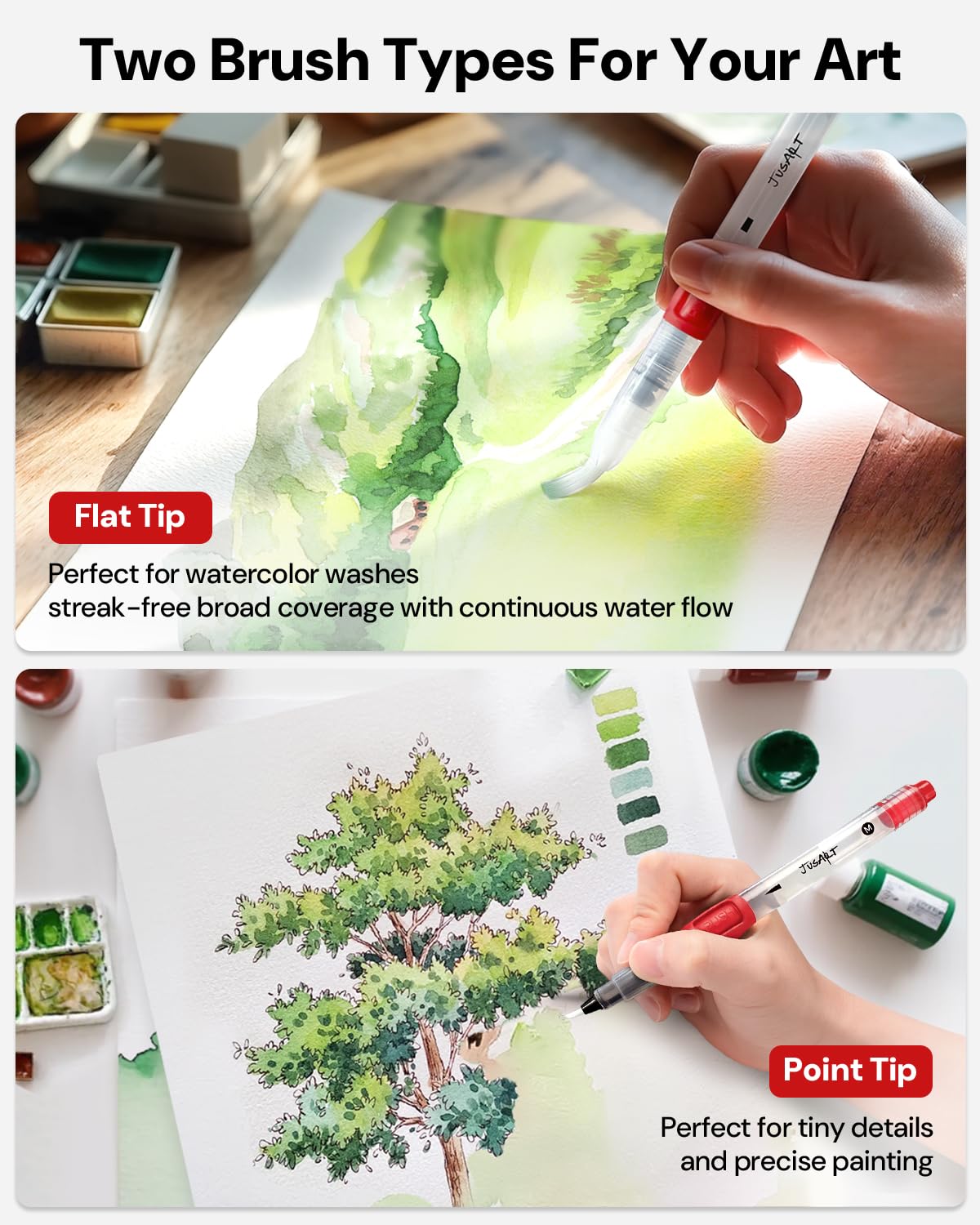 JusArt Water Brush Pens 6-Pack Leak-Proof Refillable Watercolor Pens for Acrylic and Gouache Painting - Includes Pointed & Flat Tip Styles - Portable Water Brushes for Artists, Beginners, Adults,Red