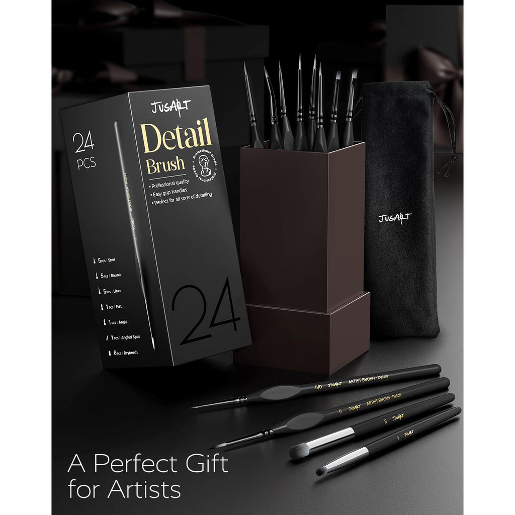 JusArt 24-Piece Detail Paint Brush Set, Miniature Paint Brushes for Models, Acrylic Oil Watercolor, Professional Fine Detail Brushes for Adults & Miniature Painters