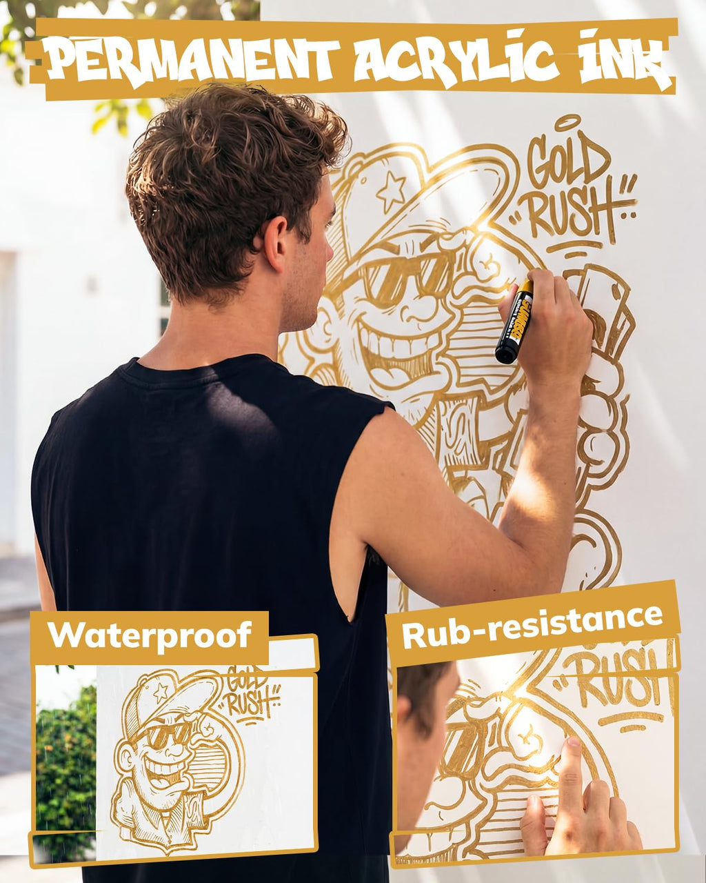 JusArt 4 Pcs Gold Jumbo Poster Marker Set, 15mm Wide Tip and 0.7mm Fine Tip, Acrylic Paint Markers for Rock, Fabric, Glass, Metal, Wood