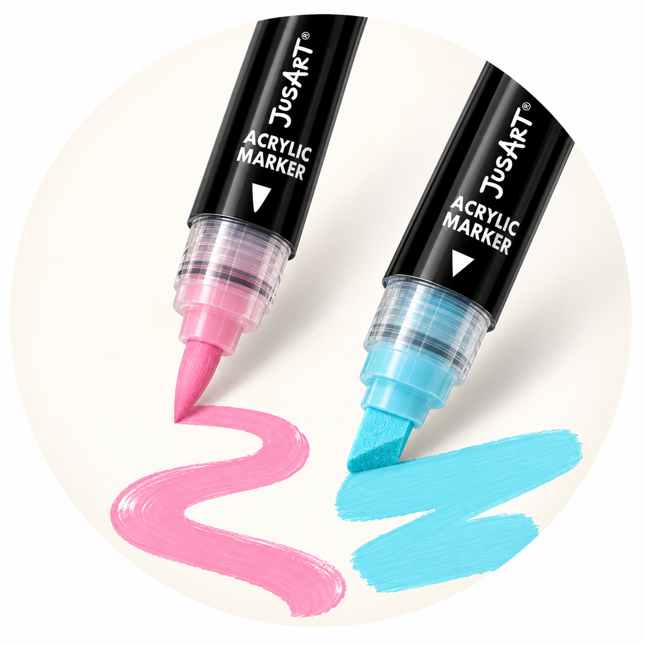 JusArt acrylic marker tips with pink and blue painted strokes