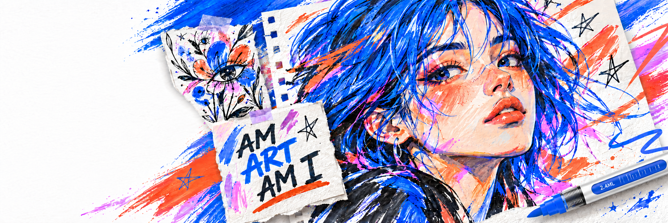 Expressive blue-haired marker portrait, layered sketchbook pages and blue, orange and pink paint strokes.