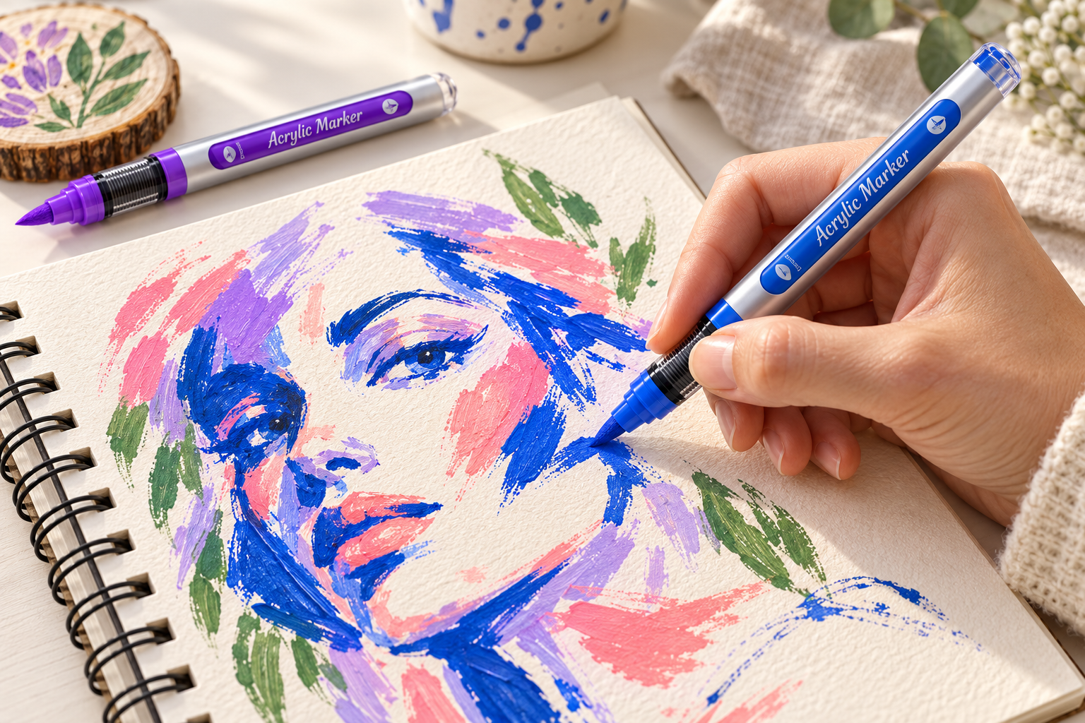 Colorful acrylic marker portrait illustration on a sketchbook